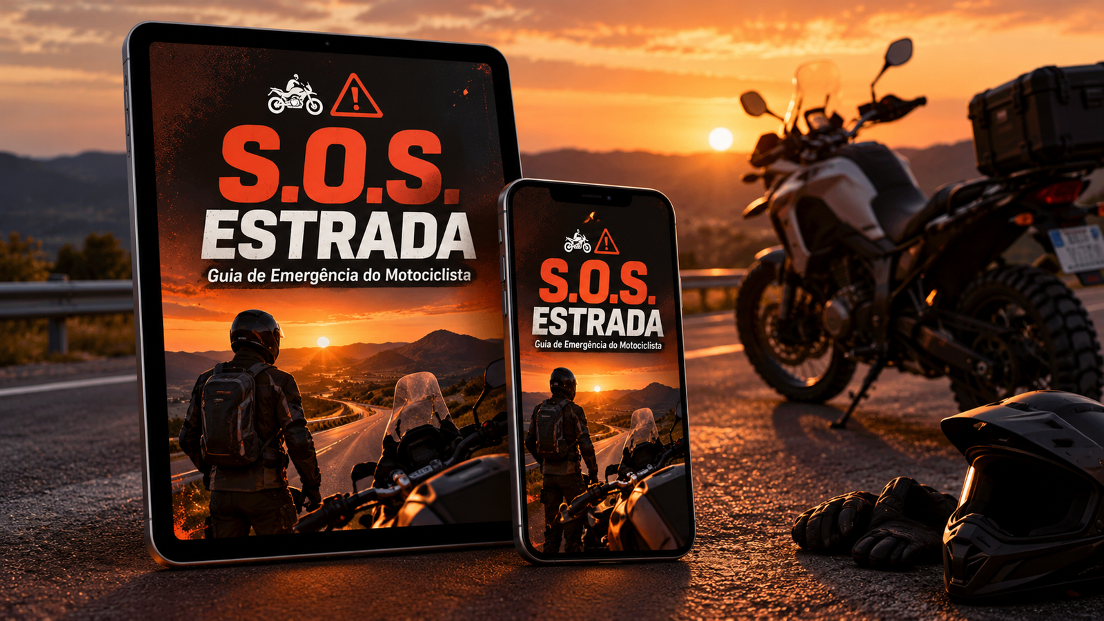 S.O.S. Estrada aberto no tablet e no celular ao lado de uma moto na estrada